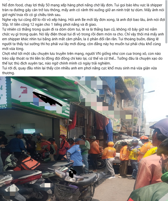 A photograph showing a street scene with a group of workers in orange and blue shirts gathered together, topped with a lengthy Vietnamese text caption.