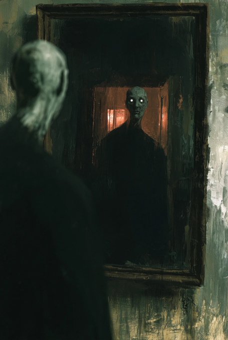 A dark, eerie painting depicting a bald, ghostly figure looking at its own reflection in a mirror, with glowing white eyes.