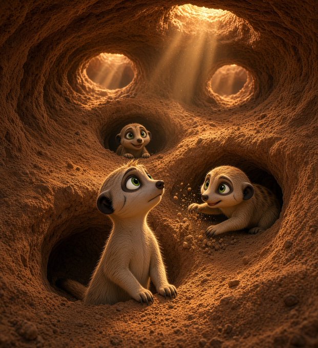 Two curious meerkats peer out from their burrow chambers in an intricate underground network, bathed in warm sunlight streaming through openings above—mirroring the $Nearkat meme's playful parallel between meerkats' collaborative digging and the token's role in P2P network infrastructure.