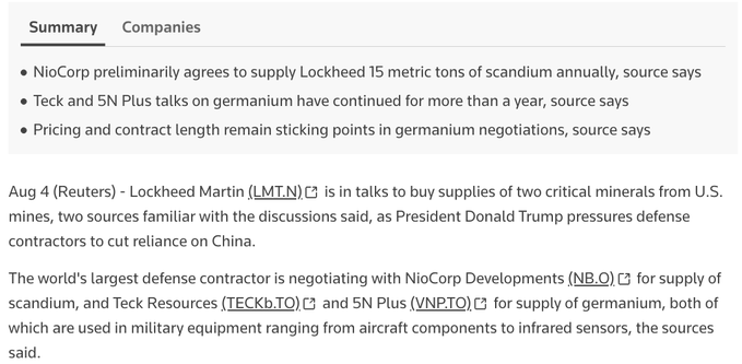 The image shows a Reuters article summary dated Aug 4 reporting that Lockheed Martin ($LMT) is negotiating with NioCorp Developments ($NB.O) for scandium supplies (preliminary agreement for 15 metric tons annually) and with Teck Resources ($TECKb.TO) and 5N Plus ($VNP.TO) for germanium, as part of efforts to reduce reliance on Chinese minerals. This relates to the post by supporting the thesis that ongoing multi-year negotiations and unavailable supply make LightPath Technologies ($LPTH) and its BlackDiamond glass a logical alternative supplier for Lockheed's defense mineral needs.