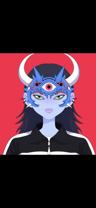 A digital illustration of a female demon character with pale blue skin, green eyes, three white horns, and a blue spiky headpiece featuring a central third eye, wearing a black and white track jacket against a bright red background.