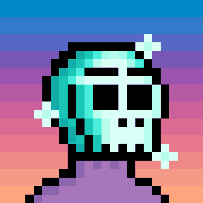 A pixel art illustration of a character with light blue hair and a stern expression, set against a striped gradient background of blue, pink, and orange.