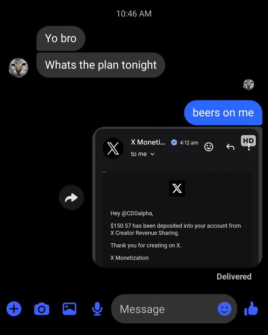 A text message conversation showing 'Yo bro' and 'Whats the plan tonight' with a reply 'beers on me,' alongside a screenshot of an X Monetization deposit notification for $150.57.