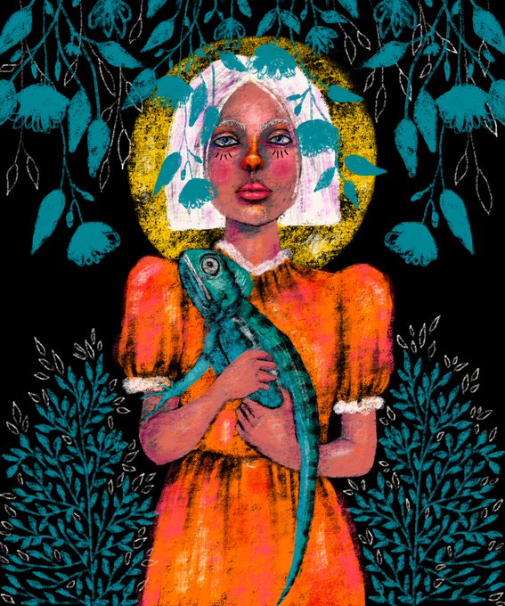 A vibrant, illustrative painting of a woman with a white head covering holding a blue-green lizard, set against a dark background with a golden halo and teal floral motifs.