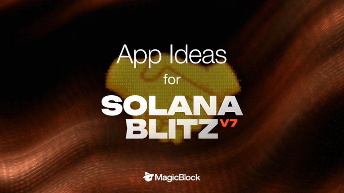 A promotional graphic with a dark red textured background displays the text "App Ideas for SOLANA BLITZ V7" with the MagicBlock logo at the bottom, directly tying to the post's announcement of 5 app ideas to help developers get started with the MagicBlock Blitz v7 Hackathon.