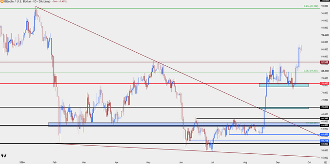 A daily candlestick chart for "Bitcoin / U.S. Dollar" on Bitstamp showing price action through 2024 with various trendlines and support/resistance levels marked.