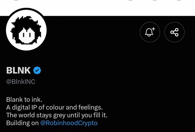 A social media profile for 'BLNK' (@BlnkINC), a verified account with a pixel-art ink splat avatar, describing itself as 'Blank to ink. A digital IP of colour and feelings. The world stays grey until you fill it.' and building on @RobinhoodCrypto.