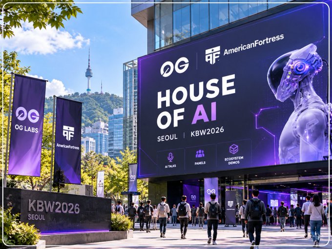 A promotional scene for 'HOUSE OF AI' SEOUL | KBW2026 featuring 'OG LABS' and 'AmericanFortress' branding, an AI figure, and crowds with N Seoul Tower in the background.