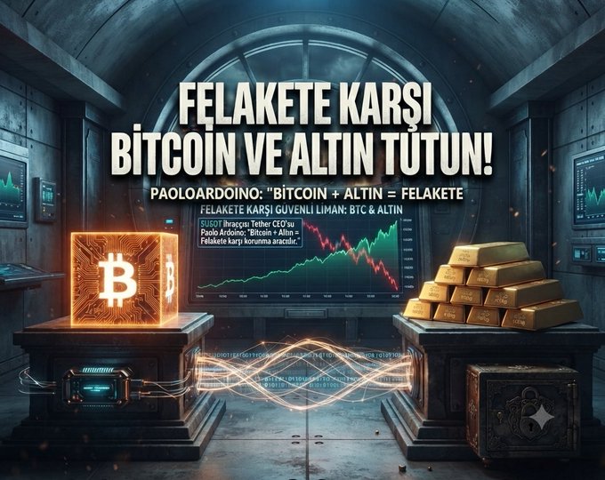 A dramatic financial graphic displays a glowing Bitcoin cube and stacked gold bars in a vault-like setting, beneath the bold Turkish headline "FELAKETE KARŞI BİTCOIN VE ALTIN TUTUN!" (Hold Bitcoin and Gold Against Disaster!) with a quote attributed to Paolo Ardoino, CEO of Tether. The image visually reinforces his statement that Bitcoin and gold serve as hedges against disaster, framing the two assets as secure refuges amid market volatility shown on background trading charts.