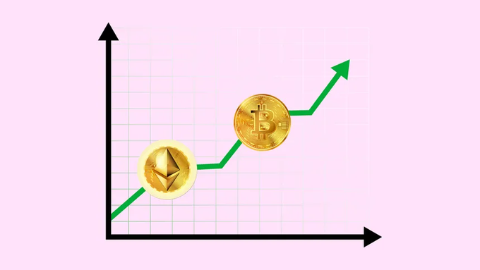 A pink background displays a line graph with a rising green trend line featuring an Ethereum logo and a Bitcoin logo at different points along the upward trajectory.