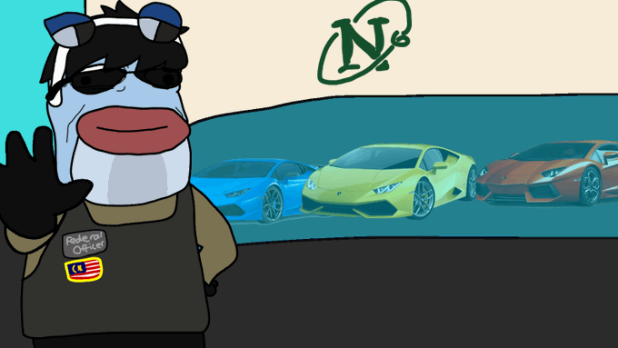 A cartoon cow character wearing a 'Reborn Official' shirt stands in front of a teal wall displaying three Lamborghinis and a green 'NV' emblem.