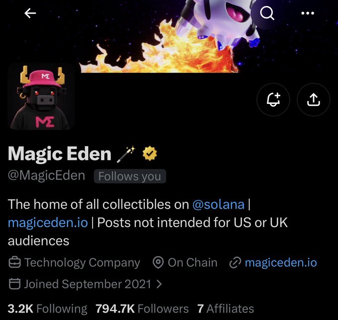 Twitter/X profile page for Magic Eden (@MagicEden), describing itself as 'The home of all collectibles on @solana' with 3.2K Following and 794.7K Followers.