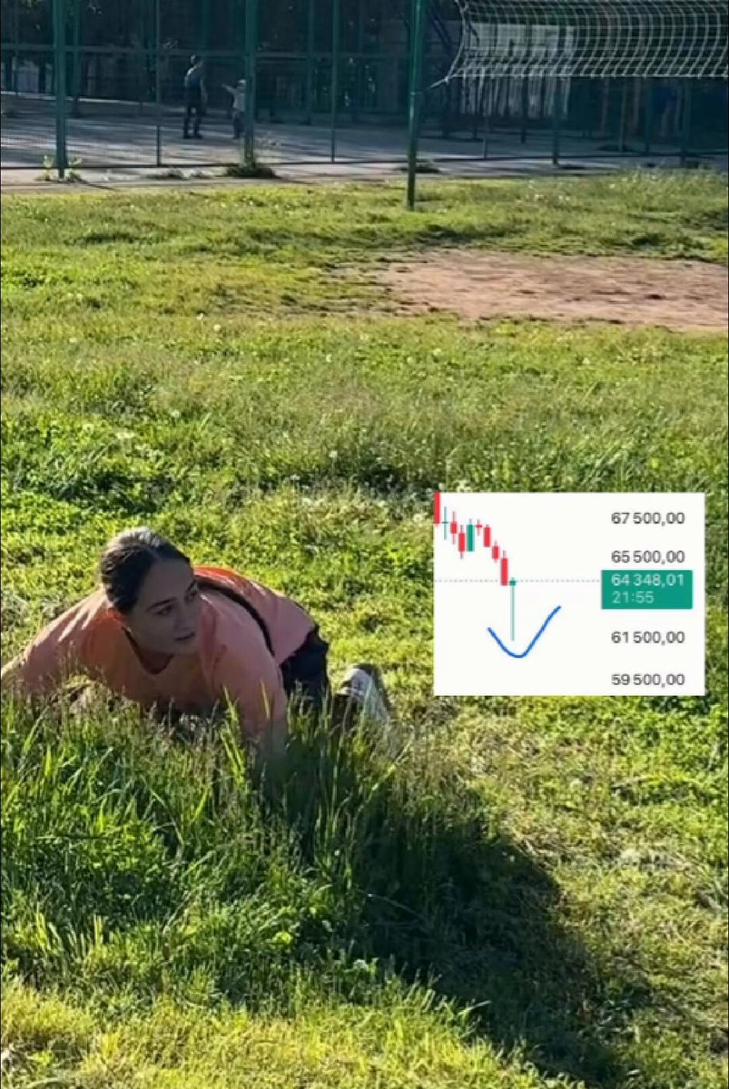 The image shows a girl or woman with long hair lying down on her stomach in a grassy field, possibly engaged in an activity like playing sports or simply relaxing outdoors. In the background of the picture, there are several people who appear to be watching the scene, creating an atmosphere of interest and excitement. The post, which is about Bitcoin and stock charts, seems to focus on the rise of Bitcoin (BTC) over a period of time. It might be indicating that the girl or woman's current activity could potentially contribute to or affect this rise in Bitcoins' value through active participation in some sort of online game or event involving Bitcoins.