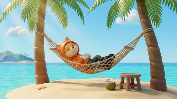 A 3D-rendered illustration of a person in an orange fox/kitsune hoodie sleeping peacefully in a hammock strung between two palm trees on a tropical beach.