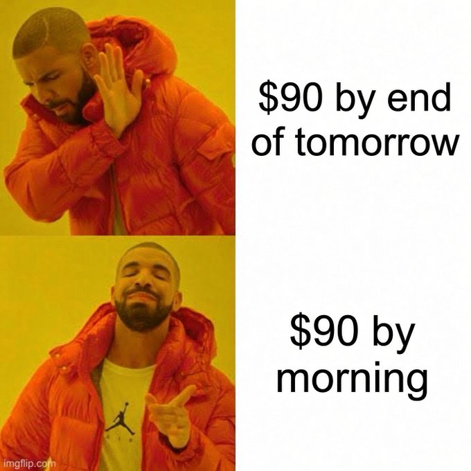 A Drake meme with two panels: the top shows him rejecting "$90 by end of tomorrow" and the bottom shows him approving "$90 by morning."