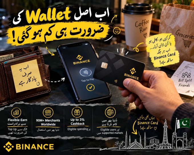 Binance promotional advertisement for a cryptocurrency card, showing a phone with "Tap to Pay" feature, a wallet, coffee, and text in Urdu highlighting benefits like "Flexible Earn" and "Up to 3% Cashback".