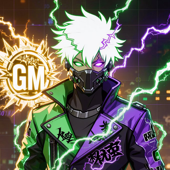 An anime-style digital artwork features a white-haired character in a mask and a green and purple jacket, surrounded by neon lightning and a 'GM' sunburst logo.