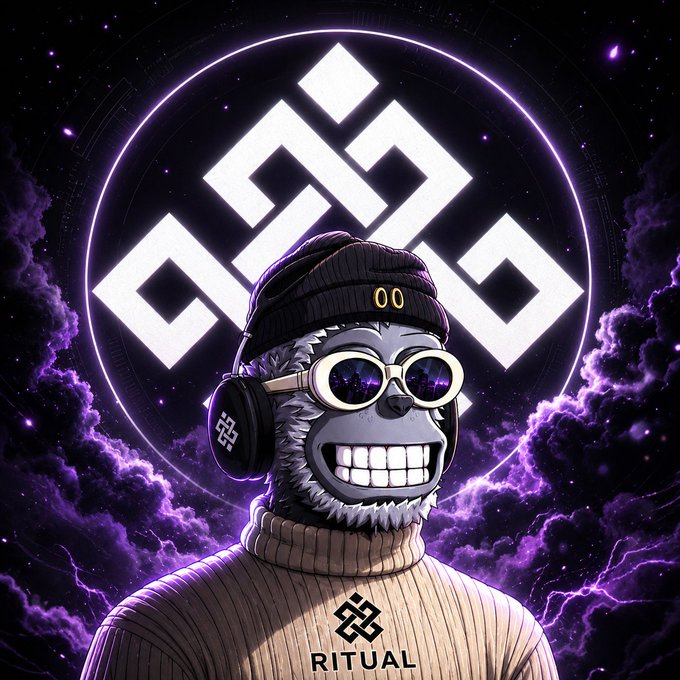 An illustrated sloth character wearing a beanie, sunglasses, headphones, and a 'RITUAL' branded turtleneck poses in front of a glowing purple geometric logo.
