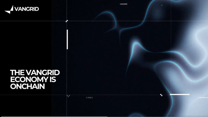 A dark, sleek promotional banner with the 'VANGRID' logo and the text 'THE VANGRID ECONOMY IS ONCHAIN' set against a flowing, abstract blue light design.