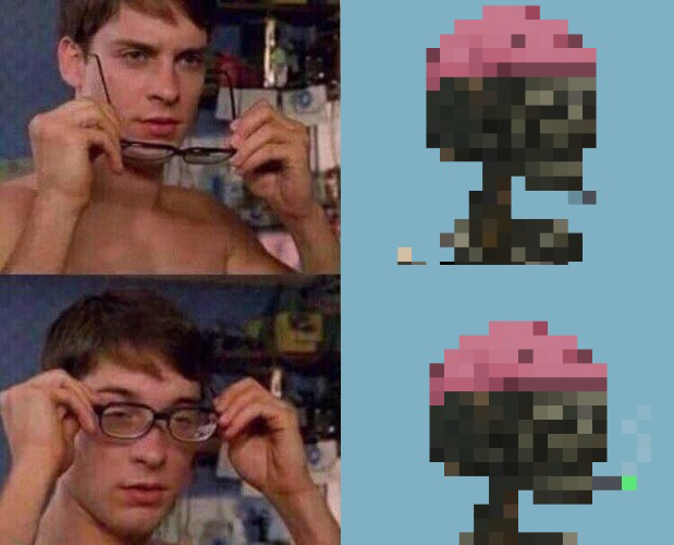 A meme image featuring two photos of a shirtless young man holding glasses, contrasted with pixelated images of a planter character from Plants vs. Zombies.