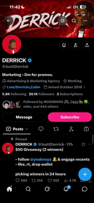 A Twitter/X profile page for 'DERRICK' (@JusttDerrick) shows an account under 'Marketing - Dm for promos' with a pinned $50 giveaway post.