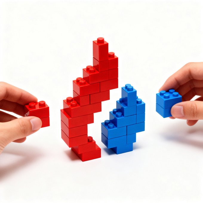 Two hands assemble red and blue Lego-style blocks into opposing arrow shapes on a white surface, suggesting competition or confrontation.