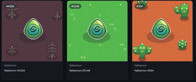 Three digital cards depicting variations of the creature 'Yakkamon' (#4559, #2148, #354) in different environments, each featuring a green swirl-marked egg.