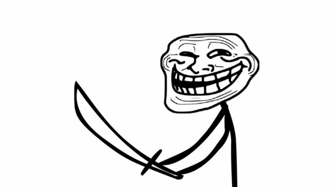 The image features a cartoon character, likely a stick figure or a personified object, holding a sword with both hands while standing upright. The character appears to be smiling, giving off an impression of being happy or content. The background of the image is white, which contrasts with the black and white color scheme used for the illustration. The caption provided after the image reads: "The $TROLL who sleeps with a machete is a fool every night but one. Comfy & cozy on the road to trillions." This phrase seems to be a reference to the character's actions or lifestyle, possibly implying that they are always up to no good and sleepwalk while holding a sword.