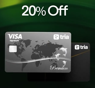 An advertisement showing a '20% Off' promotion for a Tria Visa Signature Premium credit card with a dark green background and world map design.