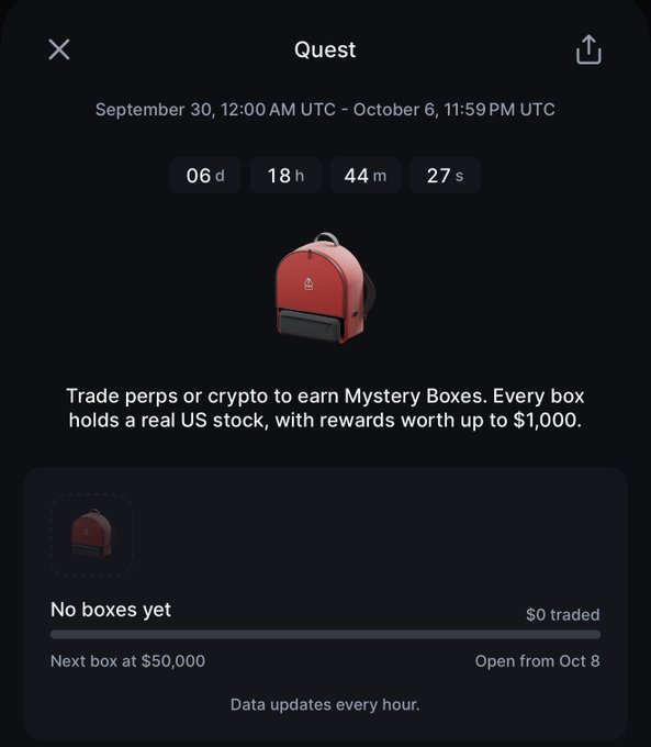 Image 10: A screenshot of a 'Quest' interface showing a countdown timer and instructions to trade perpetual contracts or crypto to earn Mystery Boxes containing real US stock rewards worth up to $1,000.