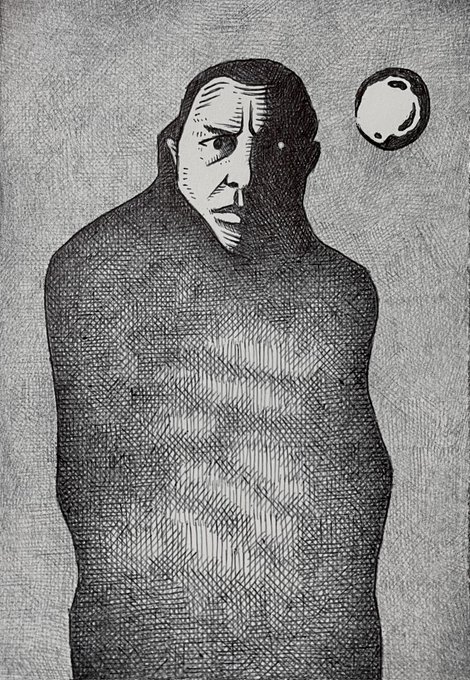 A black-and-white etched illustration of a long-haired figure in a dark cloak with a planet or moon floating beside their head.