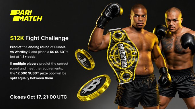 A 'PARIMATCH' promotional graphic for a '$12K Fight Challenge' featuring two boxers and a championship belt, with text about predicting Dubois vs Wardley 2.