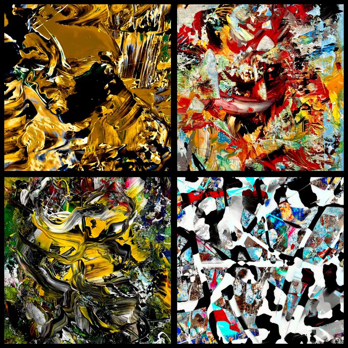 The image features four different paintings with various styles and colors, including yellow, black, red, blue, green, white, and black. The paintings showcase a range of artistic techniques and color palettes, creating an eclectic mix of visual elements that evoke a sense of creativity and diversity. The post also mentions the availability of art + physicals when ETH is down, which could be related to the artist's work or the materials used in the paintings.

The image does not provide any specific information about the content of the paintings or their prices. However, it seems that these works are up for sale at a discounted price during times when the exchange rate is favorable.