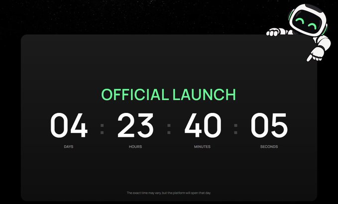 A countdown timer on a black background displaying 'OFFICIAL LAUNCH' in green, showing 04 days, 23 hours, 40 minutes, and 05 seconds, with a small robot mascot in the top right corner.