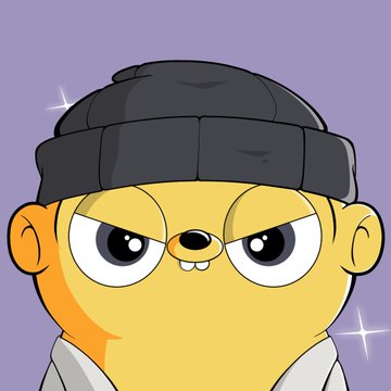 A cartoon-style emoji-like illustration of a yellow bear character with an angry expression wearing a black beanie against a purple background.