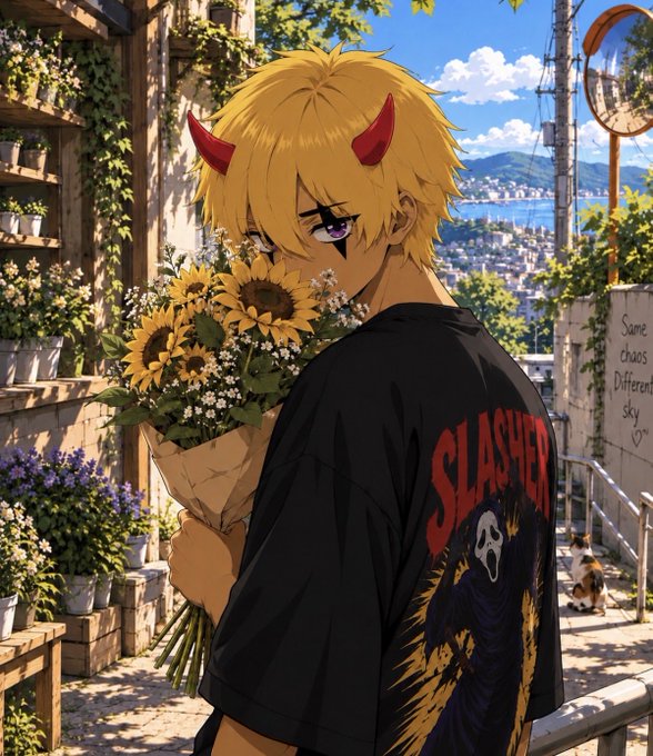 An anime-style illustration of a blonde character with red horns and a star tattoo under one eye, wearing a black "Slasher" graphic t-shirt and holding a bouquet of sunflowers on a sunlit street.