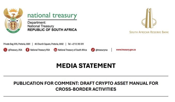 This media statement from South Africa's National Treasury and South African Reserve Bank announces a draft crypto asset manual for public comment regarding cross-border activities. It directly relates to the post's announcement about new draft regulations for crypto transfers.