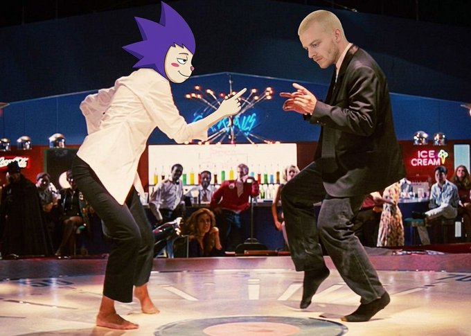 A digitally edited image showing two people dancing energetically on a stage, with one person's face replaced by a cartoonish purple-haired anime character with clown makeup.