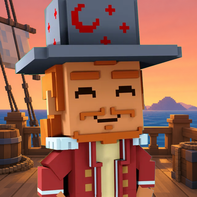 A voxel-style 3D rendering of a bearded pirate character with a smiling face, wearing a red coat and a blue hat with red crosses, standing on a wooden ship deck at sunset.
