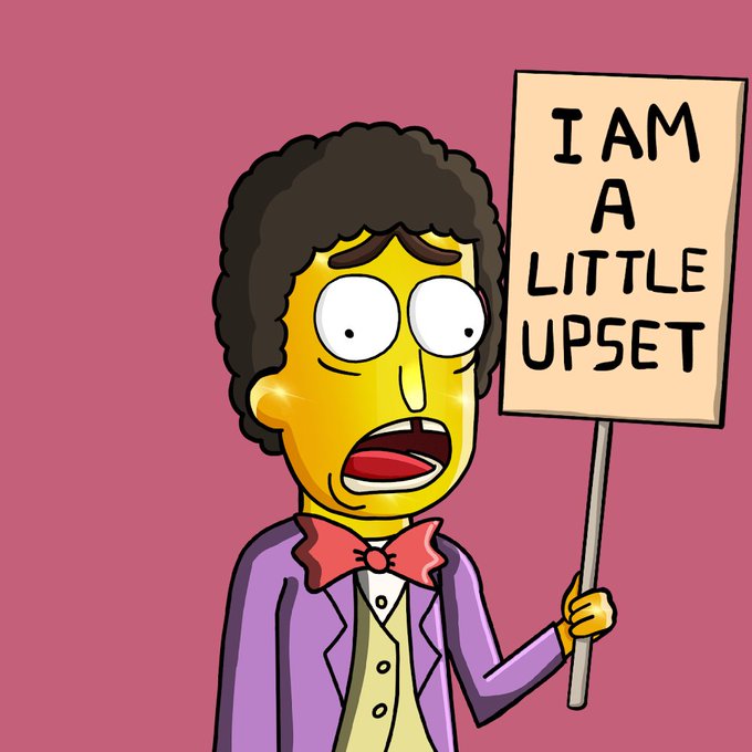 An illustration of a Simpsons-style character with curly hair holds a cardboard sign reading 'I AM A LITTLE UPSET' against a solid pink background.