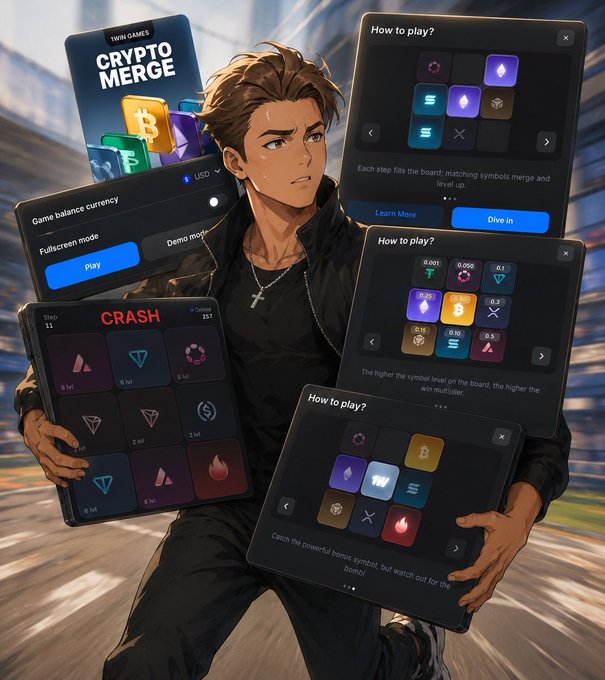 The image is a promotional graphic for the "Crypto Merge" mini-game on the 1win gaming platform, featuring an anime-style male character surrounded by multiple smartphone screens displaying the game's "CRASH" mode and "How to play?" instructions with merged symbols and cryptocurrency icons. It visually supports the post's message by illustrating the 1winPro promotion as a fun alternative for keeping crypto-enthusiasts engaged while altcoins like ETH, SOL, and XRP face uncertain market conditions.