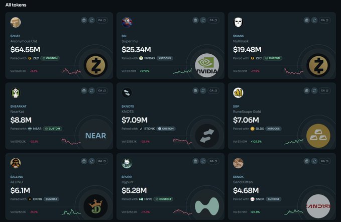 Dashboard displaying various token trading pairs including ZCAT (Zcash), $SI (NVDA), DMASK (ZEC), SNEAK (NEAR), $KNOTS (STONK), GOP (GLDX), $SALINU (OKNO), $PURR (HYPE), and $BNOX (OKNO) with their respective values and percentage changes.