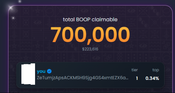A dashboard displays "total BOOP claimable" of 700,000 (~$223,616), showing the user's tier 1 rank at 0.34% top.