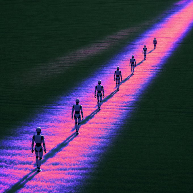 A line of humanoid figures walks along a glowing pink-purple beam across a dark surface, evoking a digitally led, AI-coordinated workforce trail. The imagery mirrors the post's message of an "agentic workforce deployed" through OKX's AI, with each figure representing an agent stepping forward along a shared path illuminated by the platform.