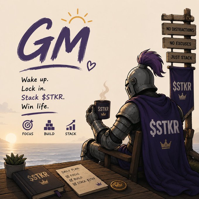 A 'GM' crypto motivational graphic featuring a knight in armor holding a coffee mug with '$STKR', alongside signs reading 'NO DISTRACTIONS', 'NO EXCUSES', and 'JUST STACK'.