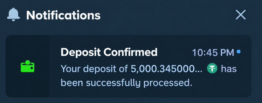 Mobile app notification confirming a deposit of '5,000.345000...' Tether (₮) at 10:45 PM.