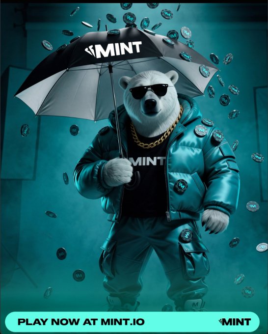 An anthropomorphic polar bear wearing sunglasses, a gold chain, and a teal puffer jacket holds an umbrella labeled "MINT" as digital coins fall around it, with "PLAY NOW AT MINT.IO" displayed.