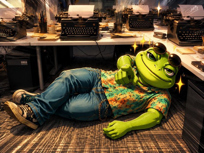 A Pepe the Frog meme character lounges on the floor of an office filled with typewriters, wearing sunglasses, a colorful Hawaiian shirt, jeans, and sneakers while giving a thumbs up with sparkles around him.