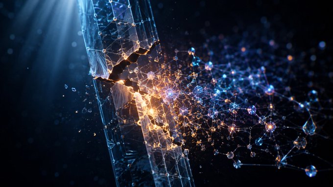 An abstract digital illustration shows a fractured, glowing surface splitting apart to reveal an energetic web of interconnected, luminous particles in blue and orange hues.