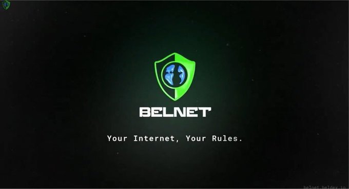 A logo screen for 'BELNET' featuring a green shield with a globe icon and the tagline 'Your Internet, Your Rules.' against a dark background.